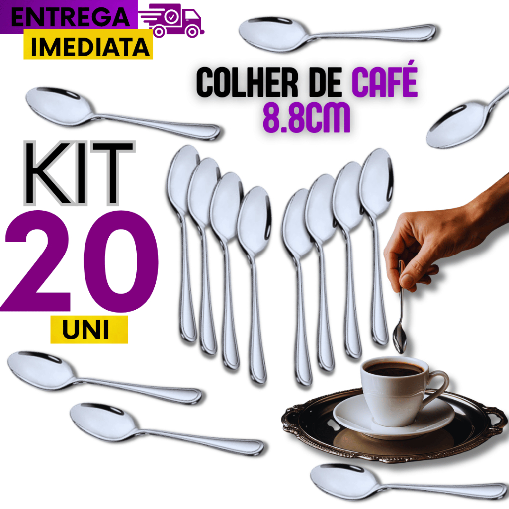 Combo Kit Jogo 20 Colher de Café Sobremesa Chá Doce Linha Inox Premium Qualidade Garantida Variáveis Utilidades