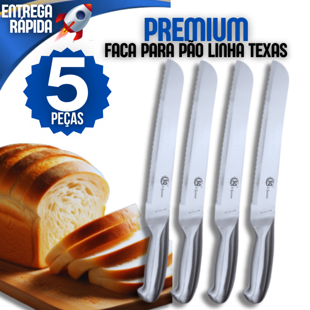 Kit 5 Faca de Pão Inox Bolo Torta Lamina Aço Inox Cabo Inox Cozinha Serra Serrilha Padeiro Padaria