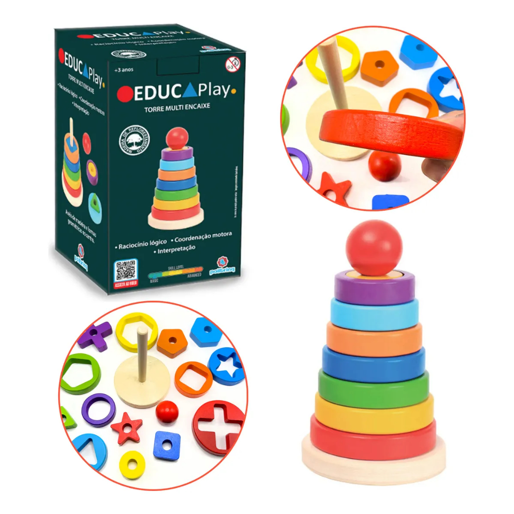 Brinquedo Educativo Montessori Madeira Torre Multi Encaixe
