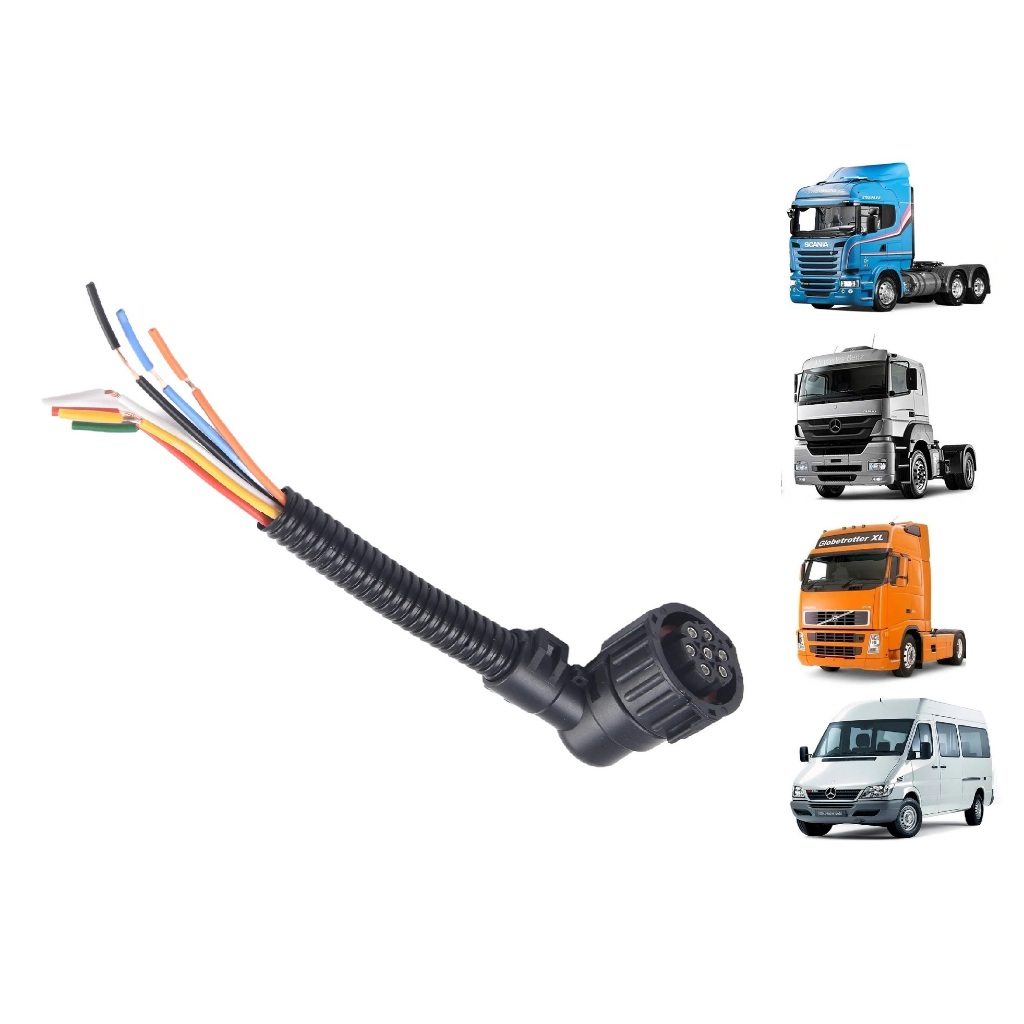 Chicote femea redondo 7 vias com isolamento para lanterna caminhão Volvo, Scania, Mercedes, VW