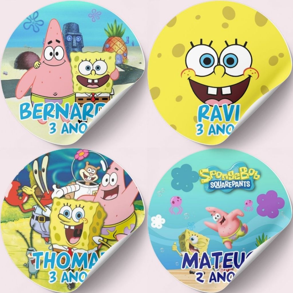 50 Adesivos Personalizados Bob Esponja Redondo para Lembrancinhas Festa Infantil | 4x4 cm ou 5x5 cm