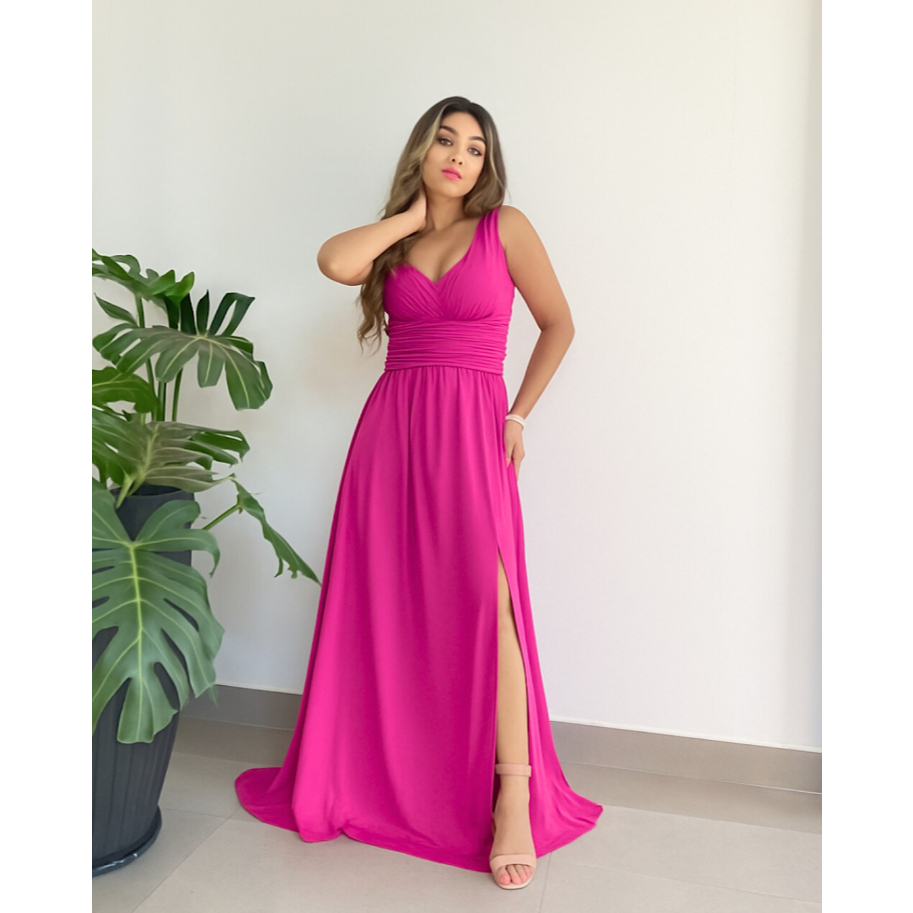 Vestido longo femenino com alça francido fenda lateral para madrinha/ casamento/formatura
