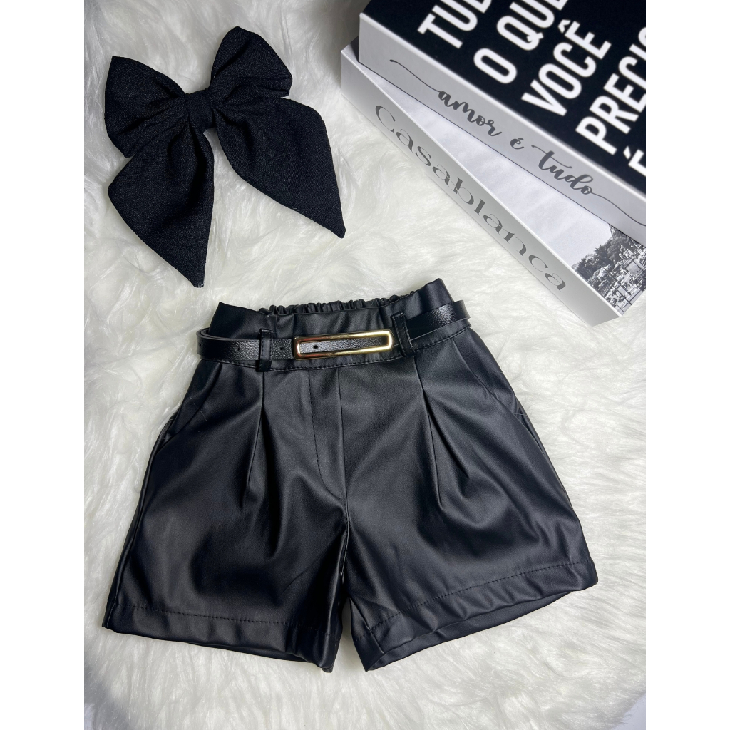 Shorts Infantil Menina Couro Com Cinto Bloguerinha Festa Moda Lançamento Verão(Preto,10Y)
