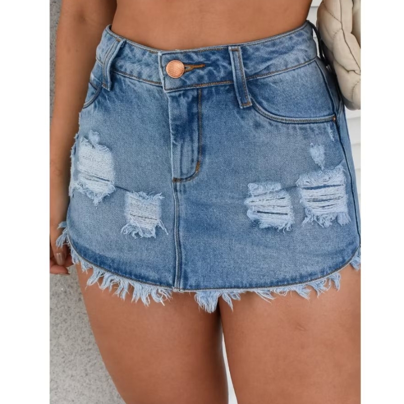 Short Saia 34 ao 46 Jeans Curto 100% Algodão Rasgado Destroyed