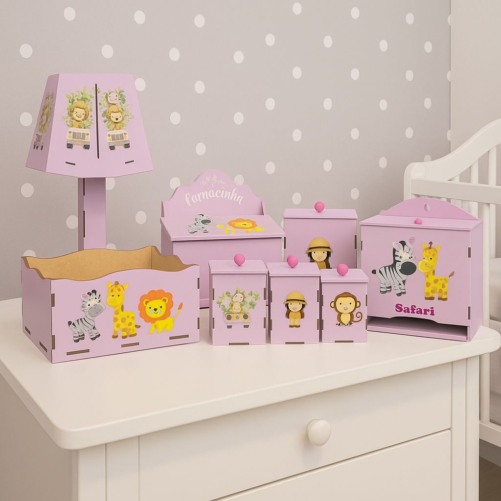 Kit Higiene Bebê Selva Safari 8 Peças Mdf Rosa Adesivado Lançamento Novo
