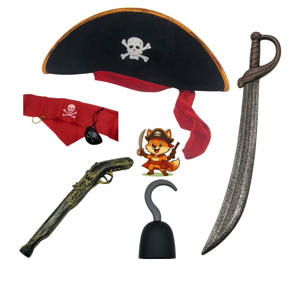 Kit Pirata 6 Peças Espada Garrucha Chapéu Bandana Tapa-olho para Fantasia Cosplay Halloween Festa