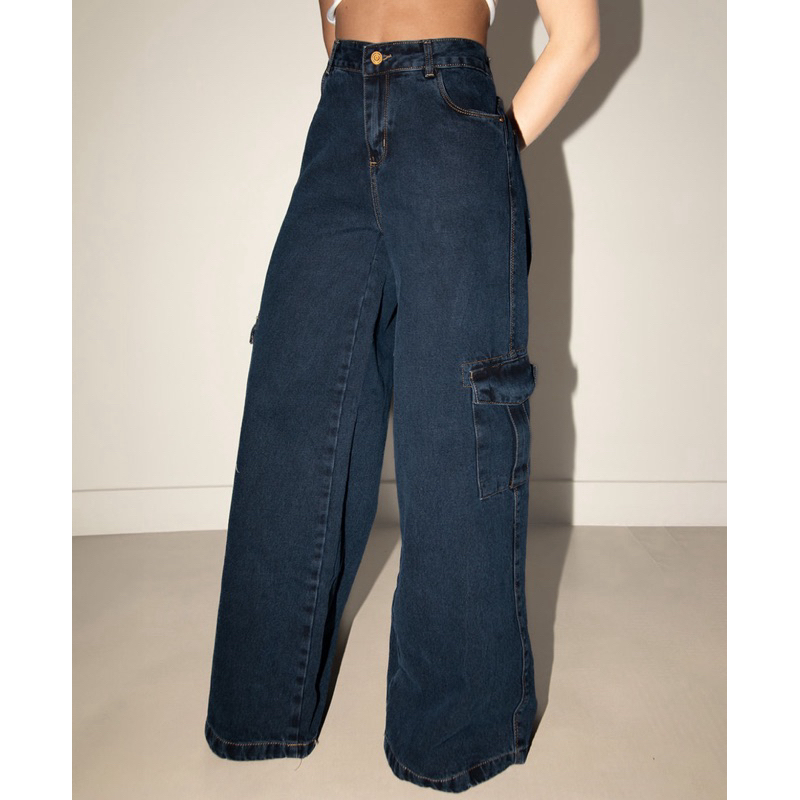 CALÇA  CONSCIÊNCIA JEANS WIDE LEG FEMININA CARGO RELAXED CINTURA BAIXA 29214 BLACK BLUE