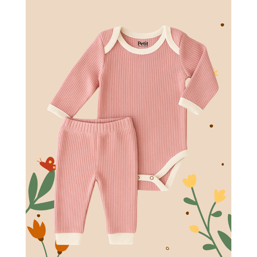 Conjunto Bebê Menina • Body ML + Calça Pagão • Ribana 100% Algodão Penteado • Rosa com Viés Off  Confortável e Quentinho