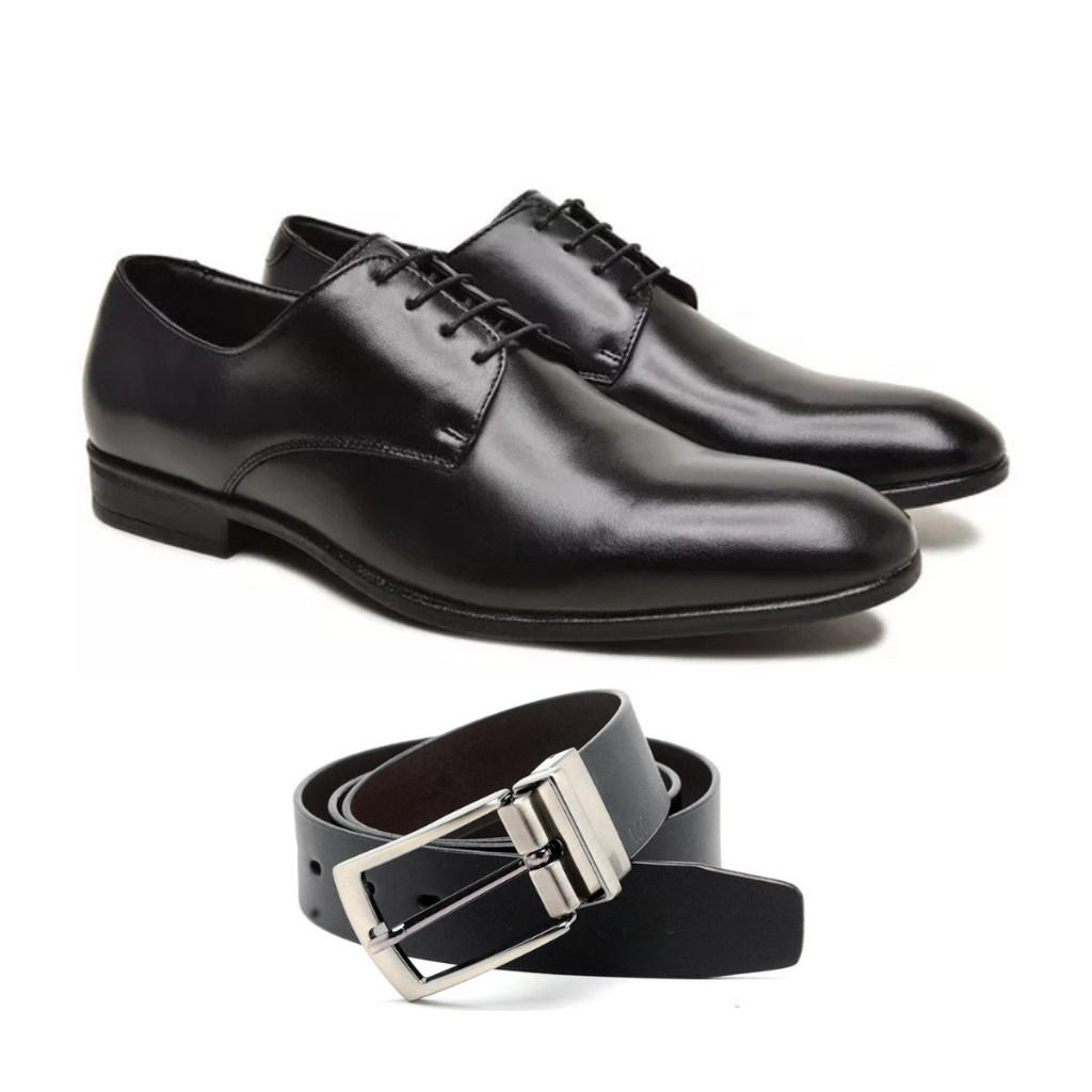 Kit Sapato Social Masculino Couro Premium Legitimo Sola Borracha Clássico e Cinto Dupla Face Preto e Café em Sintético