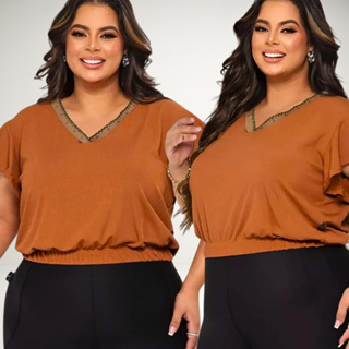 Cropped Feminino Plus Size Elegante com Gola V em Oferta na Shopee