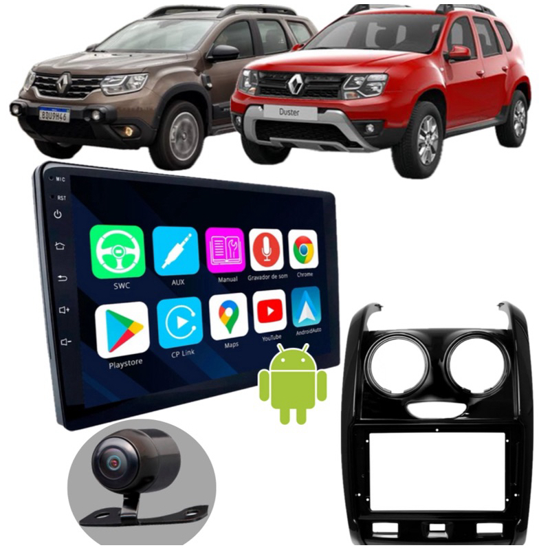 Central Multimídia Duster 2015 A 2023 9pol Android CarPlay GPS WiFi + Moldura + Camera de ré