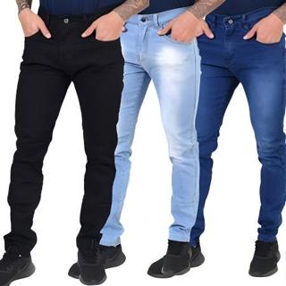 Kit 3 Calças (claro+escuro+preto) Jeans Lycra Masculina Básica Tradicional Slim alta qualidade em Oferta na Shopee