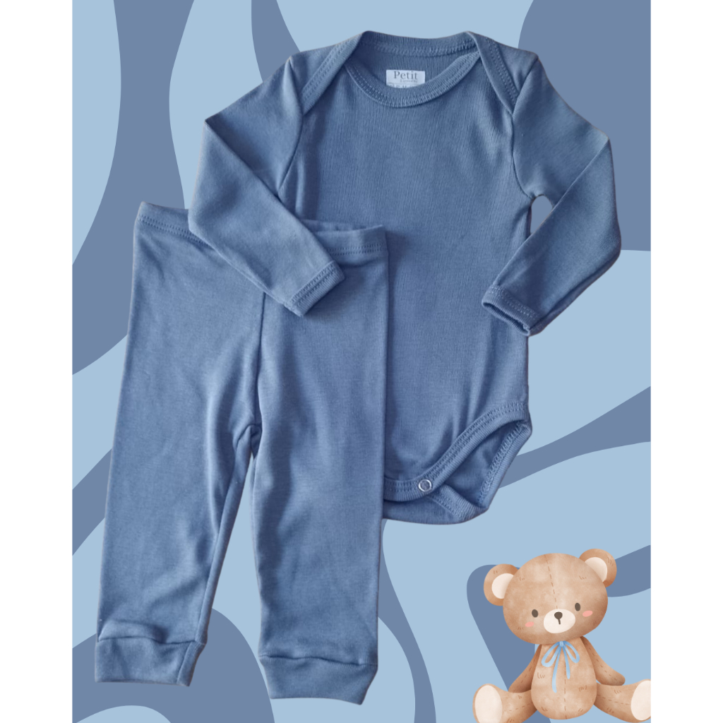 Conjunto Pagão Bebê Body Manga Longa e Calça Mijão Liso em Ribana 100% Algodão – Menino
