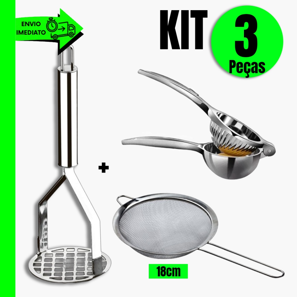 Kit Espremedor de Limão + Amassador de Batatas + Peneira 18cm Aço Inox Praticidade na Cozinha