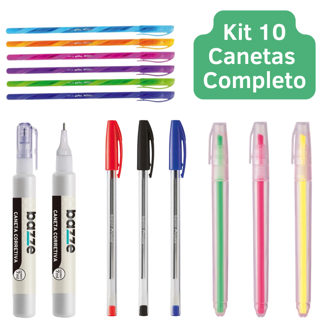 Kit 10 Canetas Coloridas Esferografica Marca Texto Caneta Corretiva Fine Line Ponta Fina