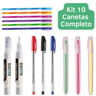 Kit 10 Canetas Coloridas Esferografica Marca Texto Caneta Corretiva Fine Line Ponta Fina