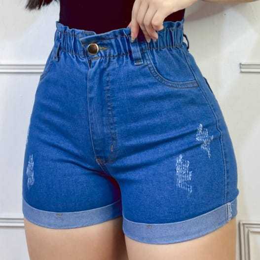 Short Jeans com elástico na cintura feminino, com lycra (estica), cintura alta, 3 cores em Oferta na Shopee