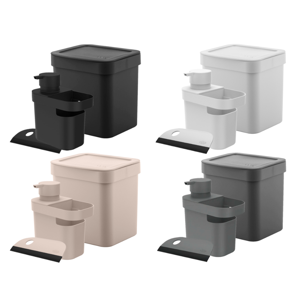Kit Dispenser Detergente e Bucha Esponja Cozinha + Rodinho Compacto de Pia OU - Home & Living