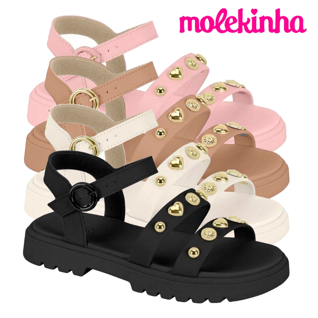 Sandália Feminina Molekinha Infantil Menina Casual Flatform Brilho Dourado Confortável Original