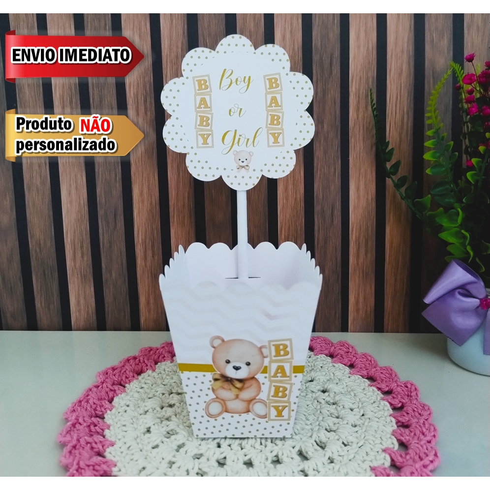 Centro de Mesa CHÁ REVELAÇÃO URSINHO MARROM BEGE DOURADO Cachepô Chá bebê - |