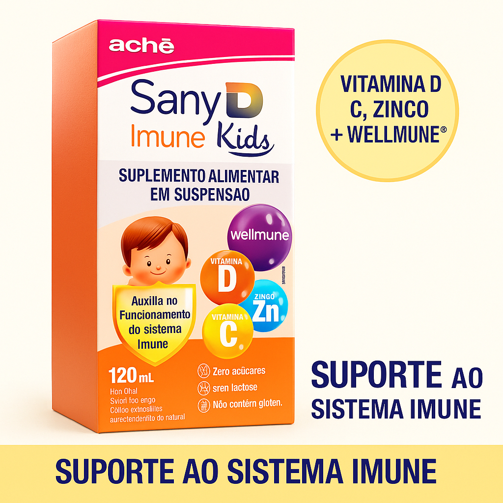 Sany D Imune Kids 120ml + 20ml Grátis – Suplemento com Vitaminas C, D, Zinco e Wellmune® | Suporte Imune Infantil