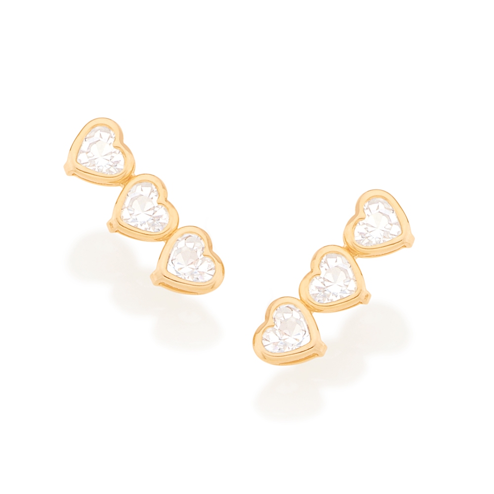 Brinco Ear Cuff Corações Banhado A Ouro 18k Com Zircônias 523260 em Oferta na Shopee
