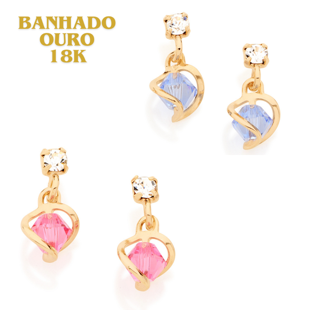 Brinco Infantil Rommanel Com Cristal Banhado Ouro 18k Rosa Azul 523219 em Oferta na Shopee