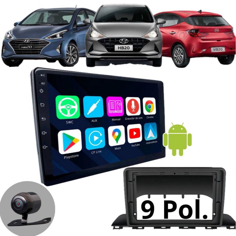 Central Multimídia 9Polegadas Android Auto CarPlay sem Fio Hb20 2020 A 2025 + Moldura + Camera de ré