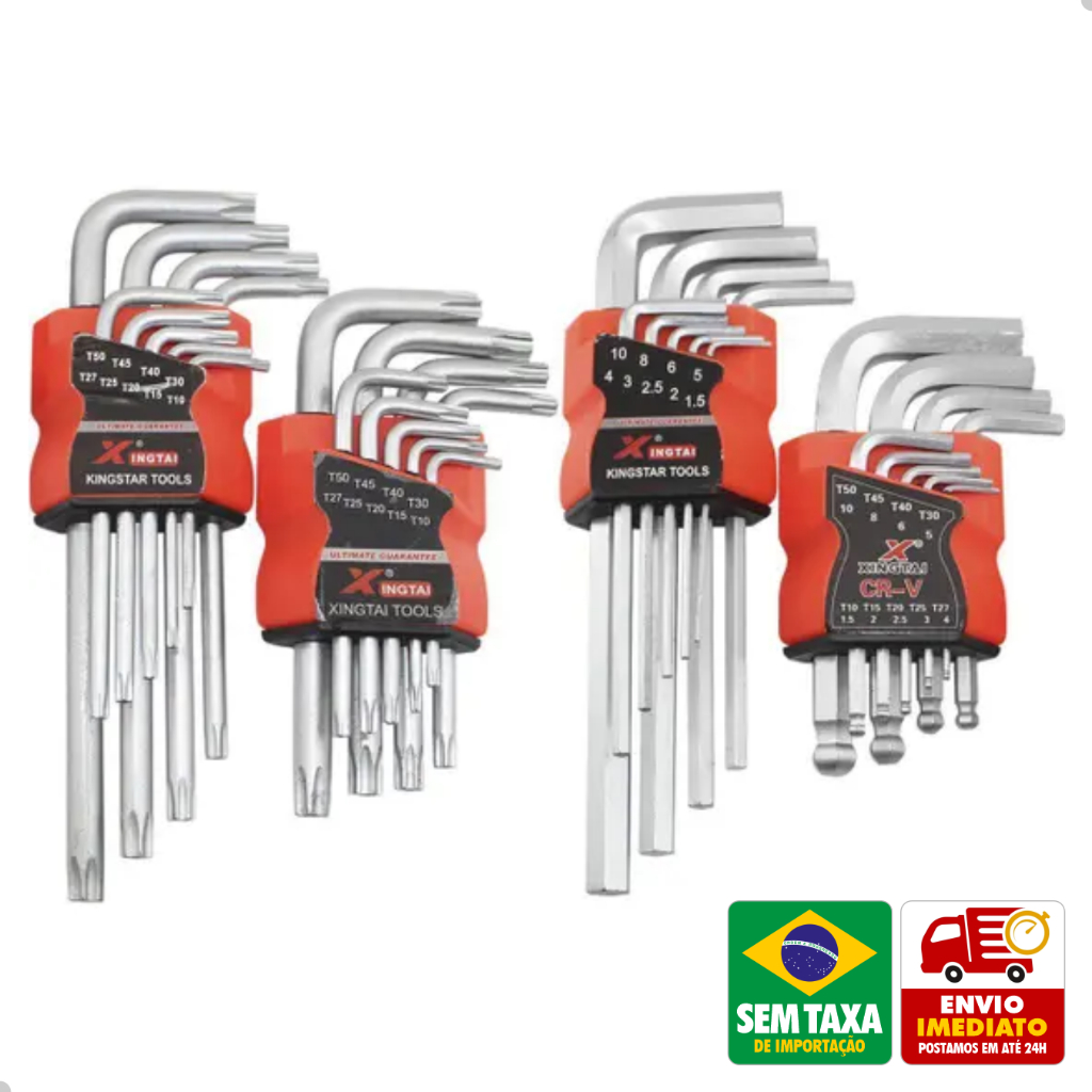 Kit Chave Allen Torx Tipo L Curta e Média 36 Peças Aço Carbono T10 a T50 Ferramenta GP6