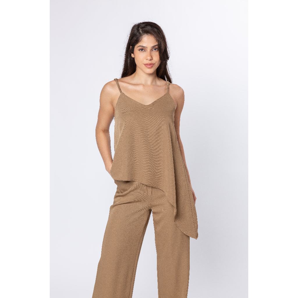 OITO W MODAS CONJUNTO FEMININA CALÇA PANTALONA BLUSA ALCINHA ASSIMETRICA CREPE TECIDO ALFAIATARIA TWIL