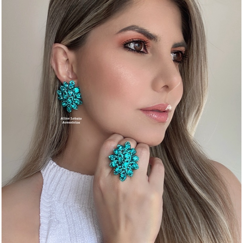 Brinco e Anel de Festa Azul Turquesa Flor G para Formandas e Madrinhas