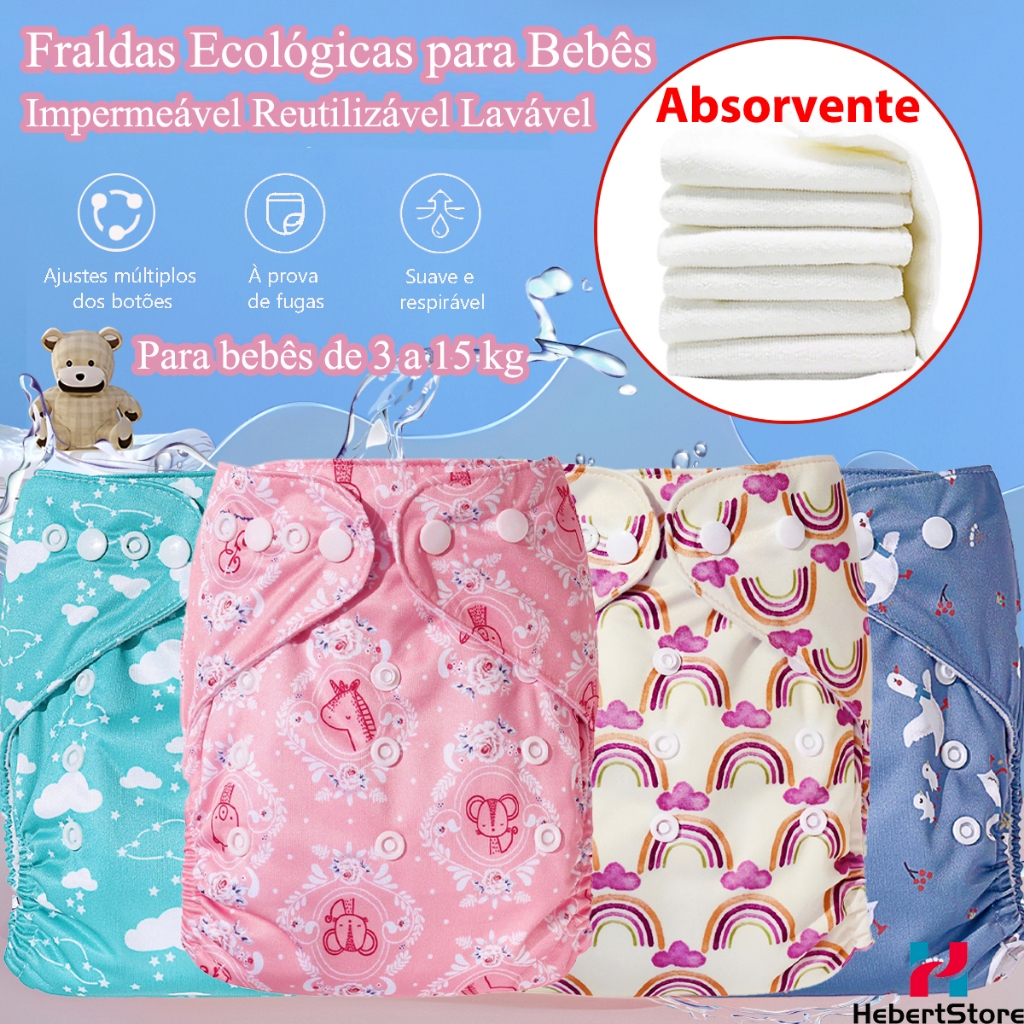 Fralda de Pano para Bebê Grossa com/sem Absorvente Reutilizável Lavável Impermeável Ajustável para Desfralde e Piscina