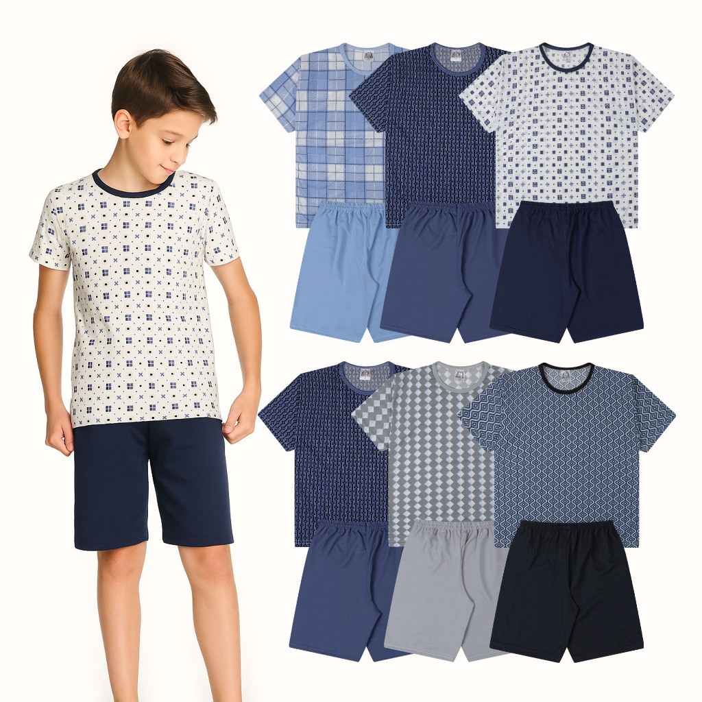 Kit 4 ou 6 Peças Pijamas Infantis Masculinos Meninos Verão Leve e Divertido 100% Poliéster Estampado