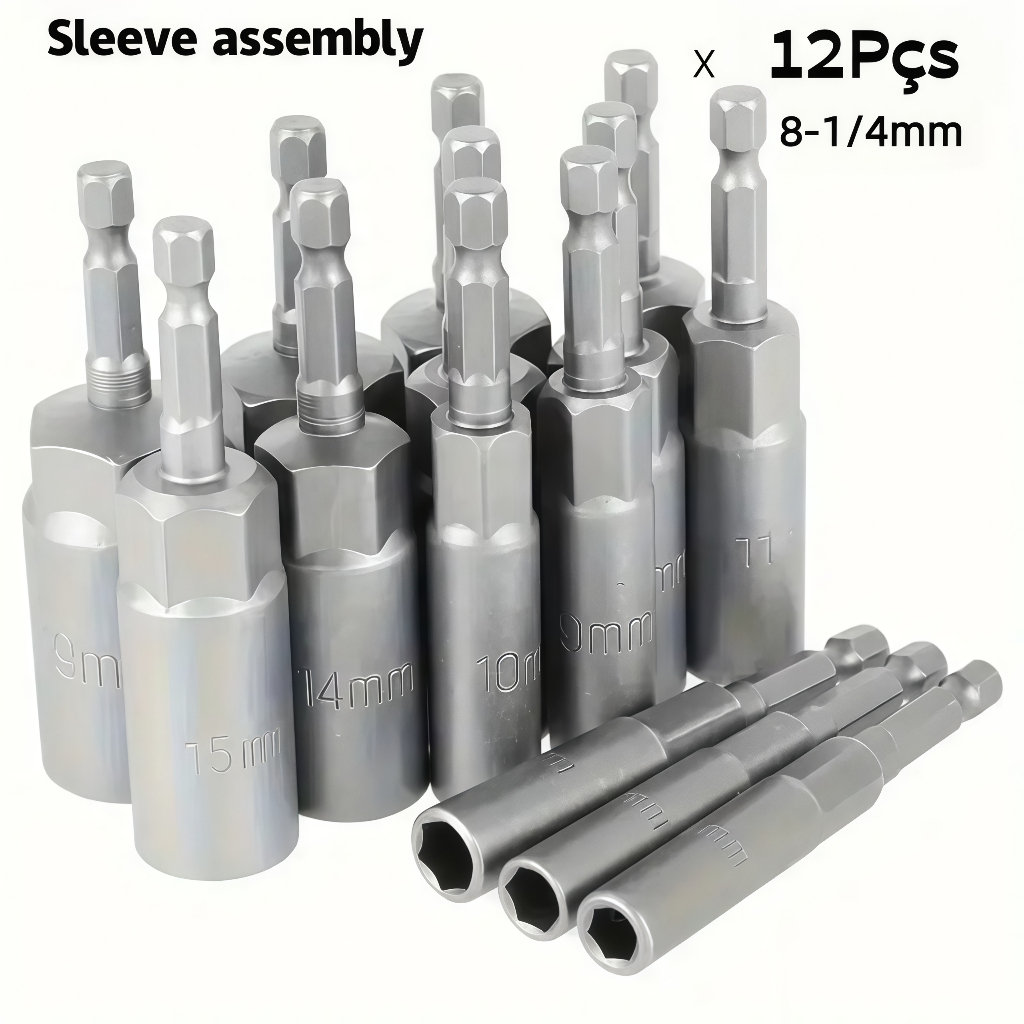 Kit De 12pçs Pontas Bits Soquetes Tipo Cachimbo Magnéticos 8-1/4mm Em Aço P/ Parafusadeira Ferramenta Profissional