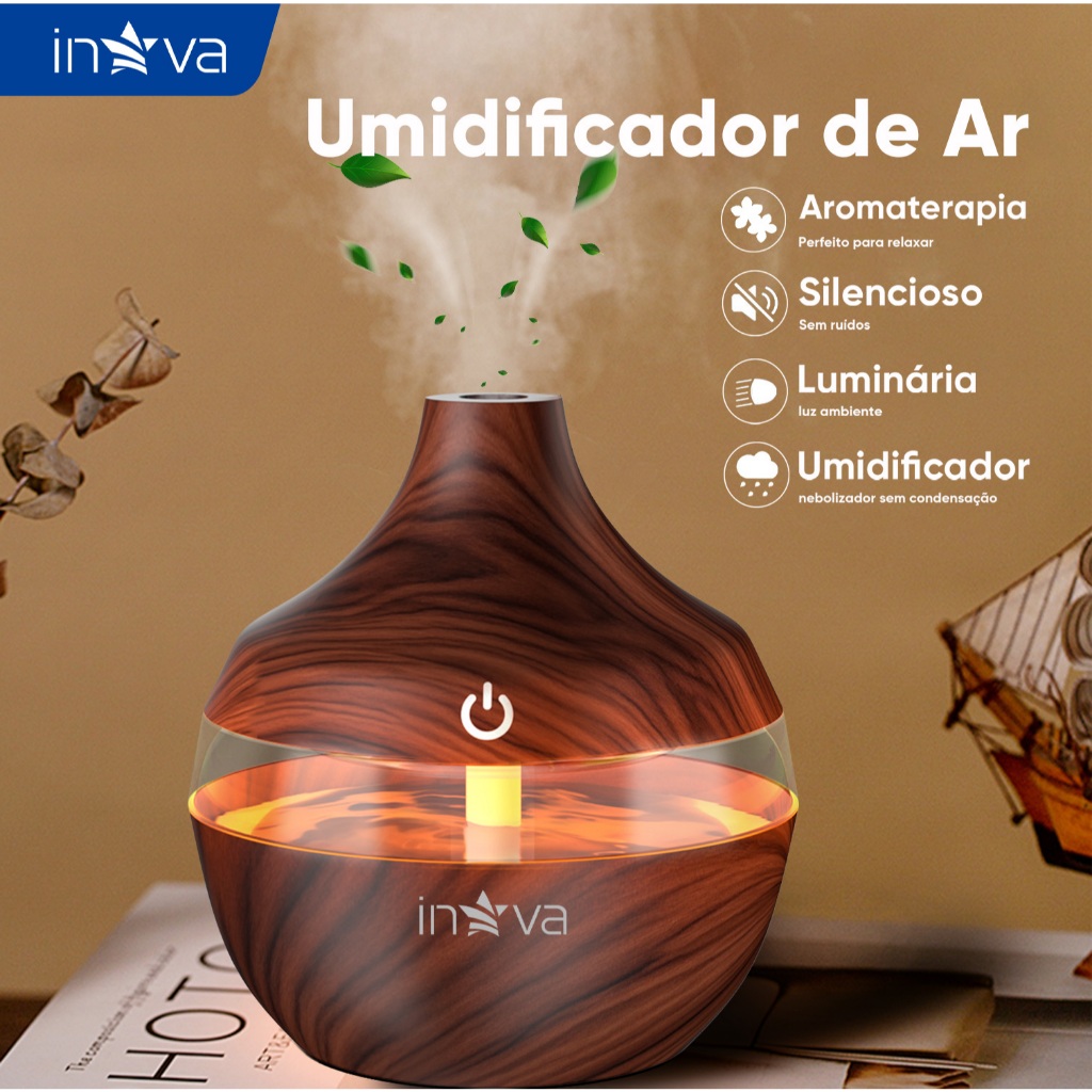 INOVA Umidificador Ultrassônico Aromaterapia Óleos Essenciais LED Peles Sensíveis 300ML em Oferta na Shopee
