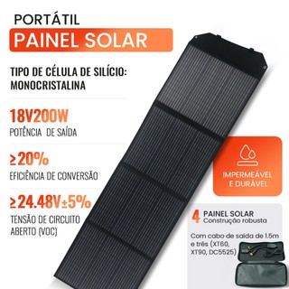 Painel Solar Portátil 200W/100W Monocristalino - À Prova d'Água, Dobrável e Compatível com Estações de Energia