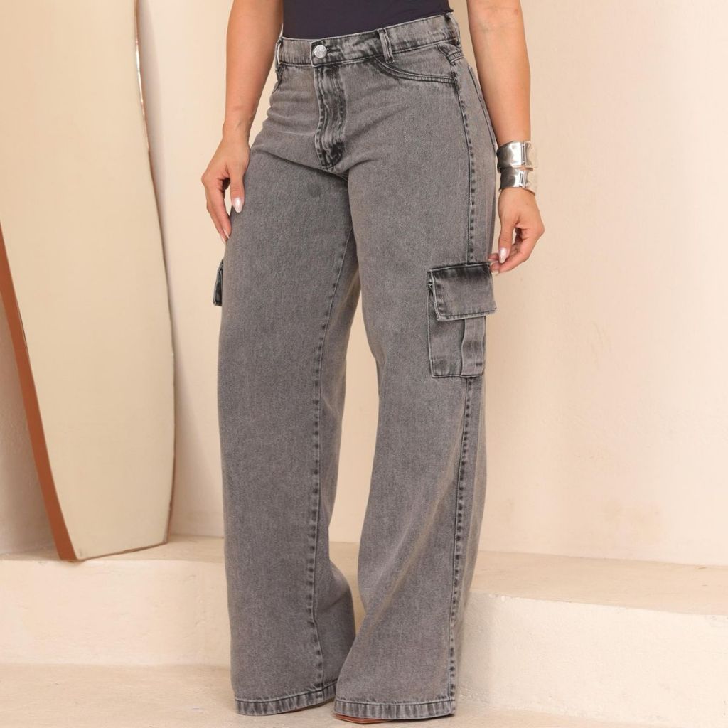Calça Cargo Wide Leg Jeans Feminina Pantalona Cintura Alta Marmorizada 100% ALGODÃO Tecido Grosso