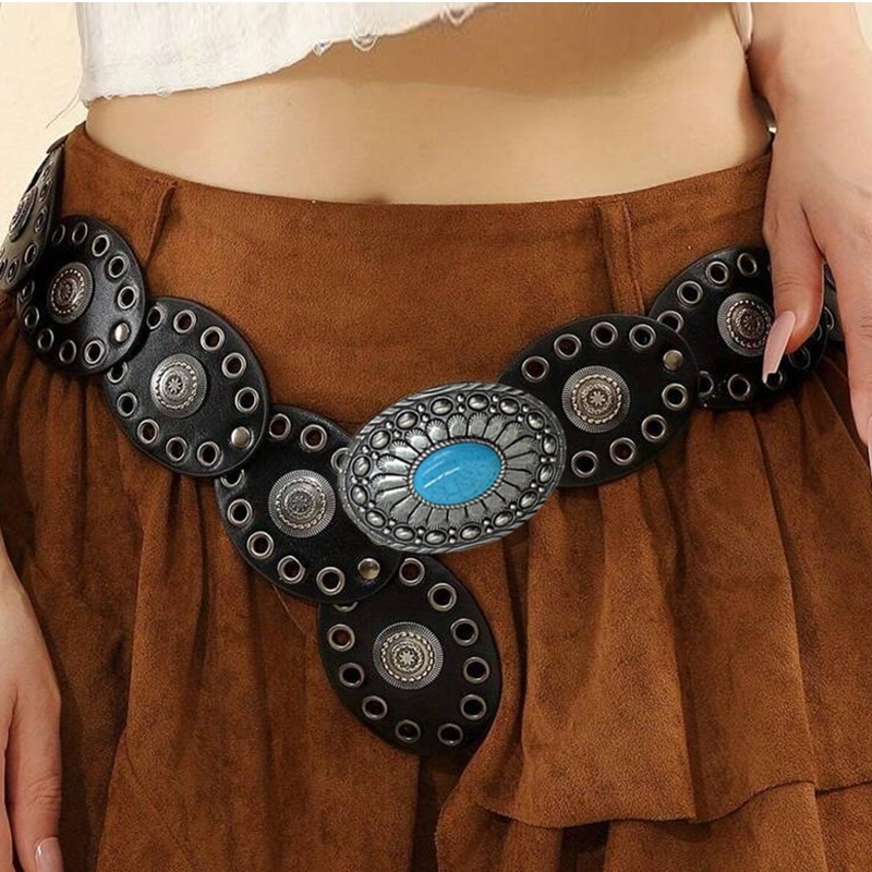 Cinto Boho Chic PRATA modinha fivela oval Incrustação turquesa largura 6cm