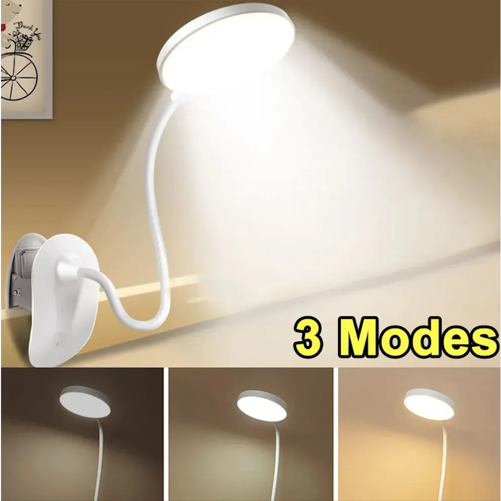 Luminária De Mesa LED Com Garra 24h Luz Tricolor Braço Flexível Sem Fio Portátil Para Quarto
