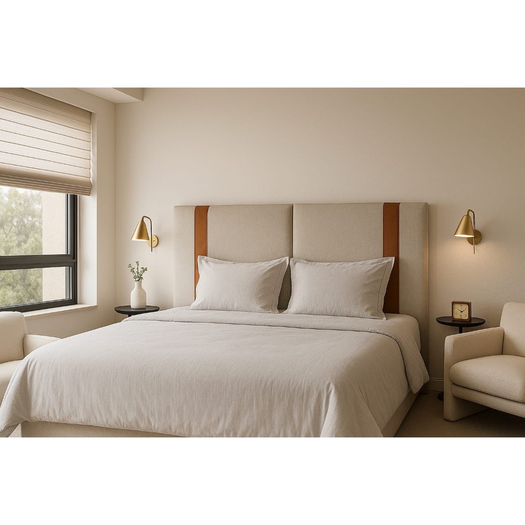 Cabeceira Dobrável  Estofada em Linho Bege Premium PARA CAMA Casal QUEEN 1,58 com Detalhe em Caramelo. em Oferta na Shopee
