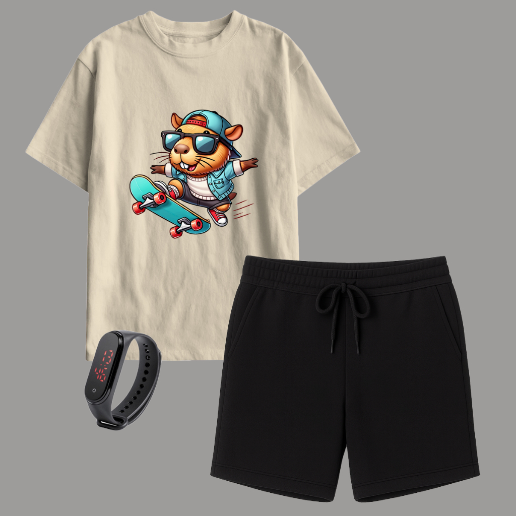 Kit Conjunto Infantil Camisa e Short Menino Estampa Capivara Skatista e Brinde Relógio