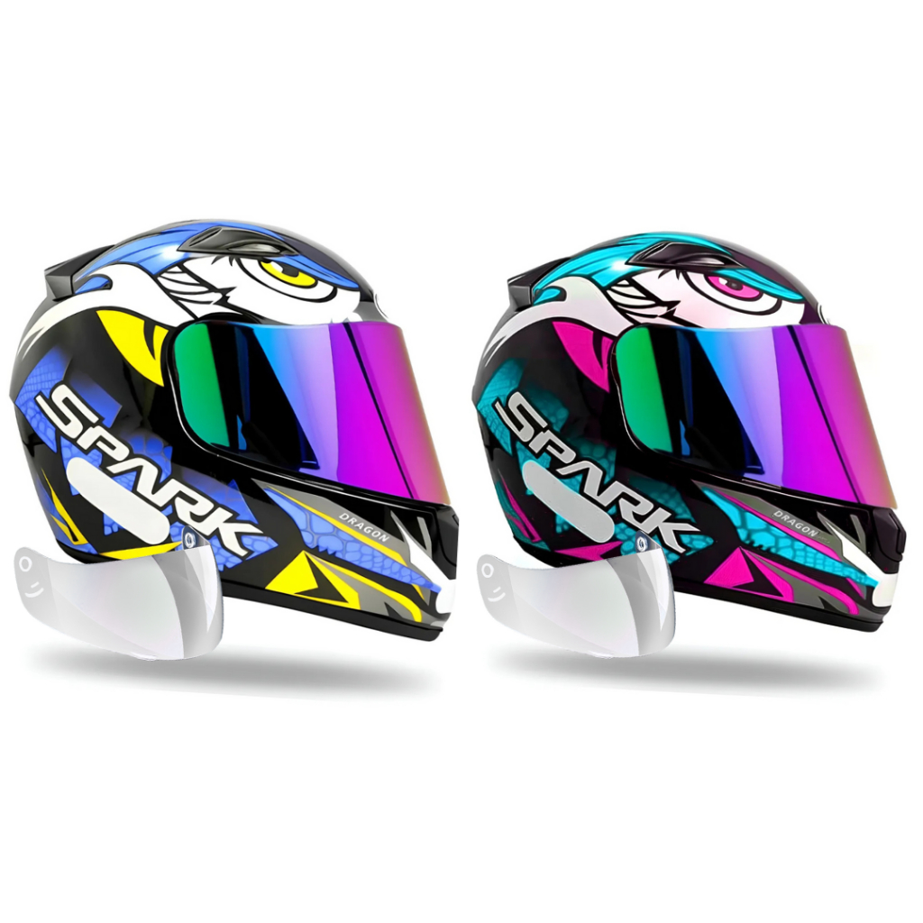 Kit Capacete Moto Ebf Spark Dragon Azul e Tiffany Par Mais Viseira Camaleão