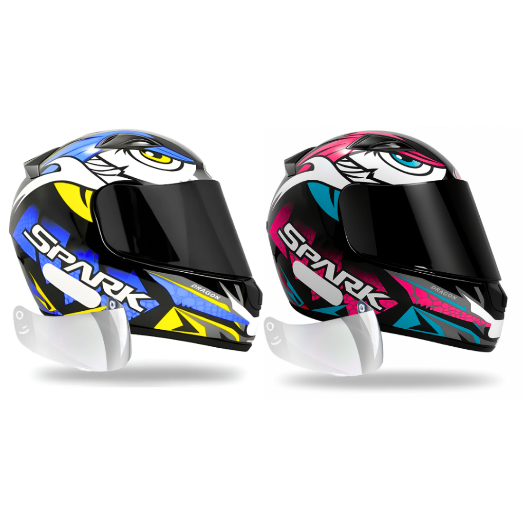 Kit 2 Capacetes Ebf Casal Dragon Azul e Rosa Mais Viseira Fumê