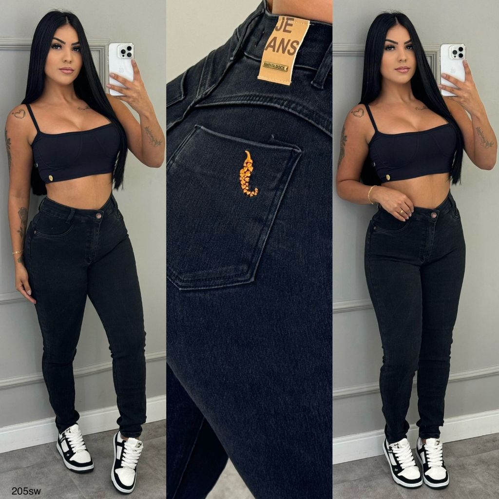 Calça Super Skinny Jeans Sal e Pimenta - Pimenta Doce Original Com Elastano Cintura Alta Bordada Básica Premium em Oferta na Shopee