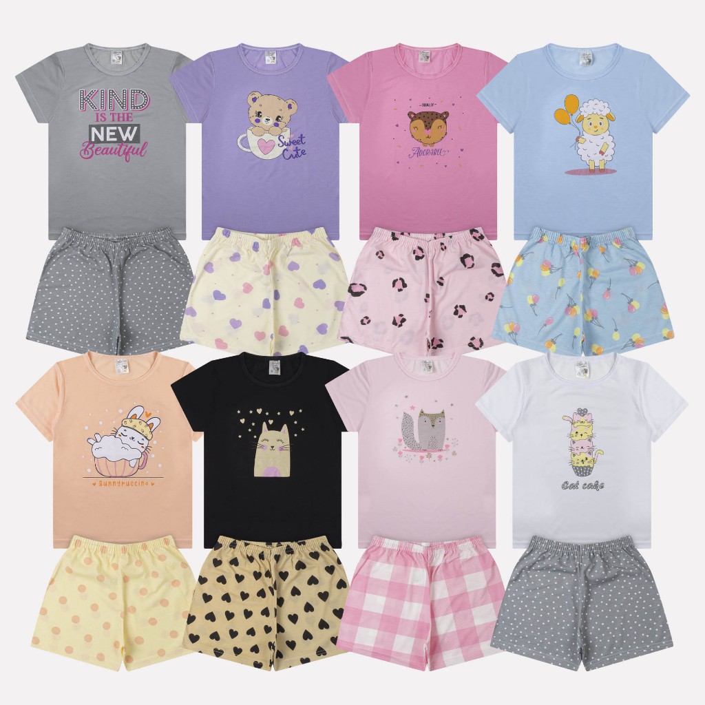 Conjunto Infantil Feminino Verão Blusa + Short (2 peças) SORTIDOS Estampado,Confortável Tam. 2 ao 16