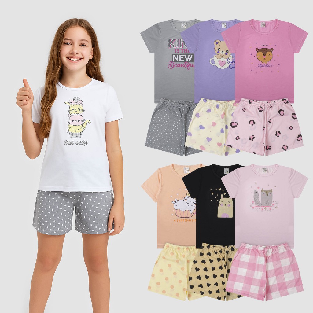 Kit 2 Conjuntos SORTIDOS Infantis Femininos (4 peças) Estampados, Leves e Confortáveis Tam. 2 ao 16