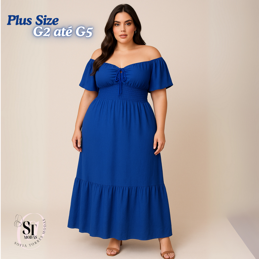 Vestido Longo Plus Size Elegante com Lastex na Cintura e Babado – G2 ao G5 Conforto e Estilo Moderno em Oferta na Shopee
