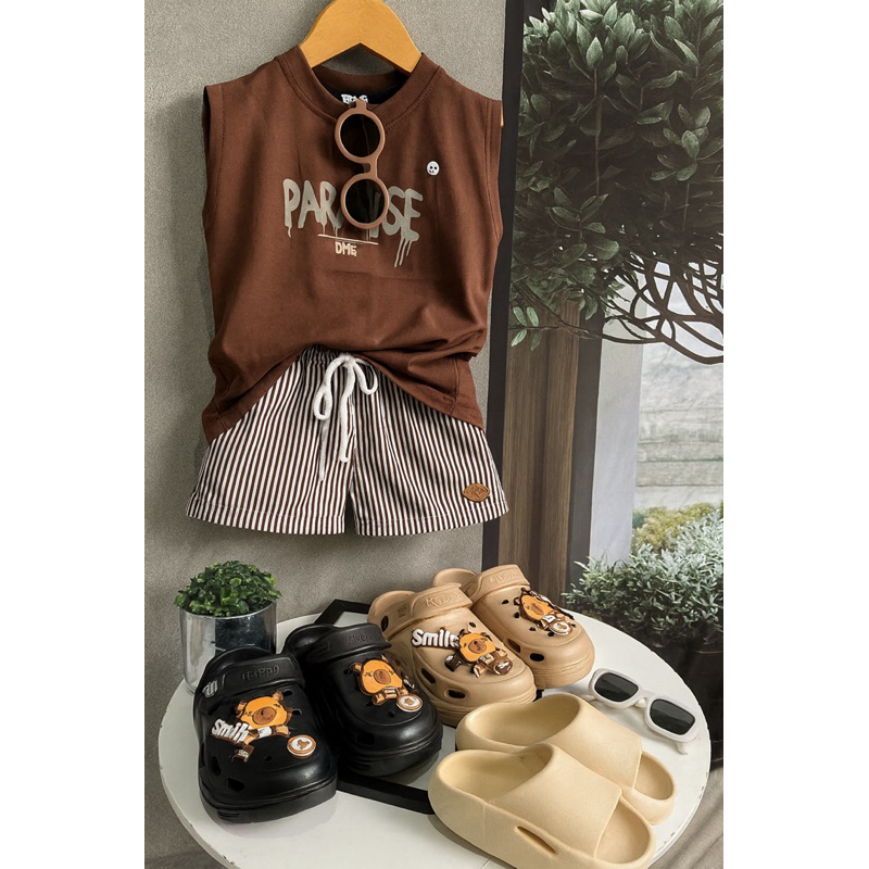 conjunto infantil menino shorts e regata  2 pcs | regata marrom  paradise e bermuda listrada marrom