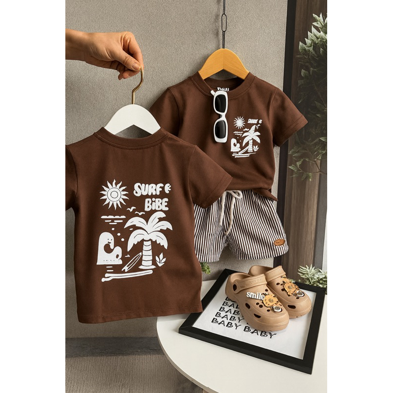 conjunto  infantil masculino  menino shorts 2 pcs | camisa marrom surf e bermuda listrada marrom