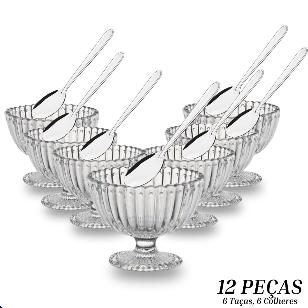 Kit 12 Peças Taças de Sobremesa 200ml com Colheres em Inox – Vidro Resistente – Ideal para...